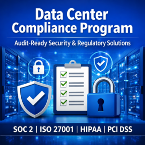 Data Center Compliance Program thumbnail with security icons, checklist, and audit-ready certification logos in blue and dark blue design.